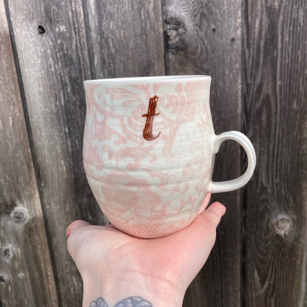 Pink and White Ceramic Anthropologie Monogram “T” Mug